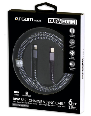 CABLE USB ARGOM TRENZADO TIPO-C A LIGHTNING / 18W / 6 PIES / NEGRO