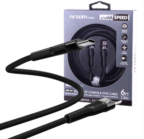 CABLE USB CARGA RÁPIDA ARGOM TIPO C - A TIPO-C/6 PIES/1.8MTS NEGRO/100W
