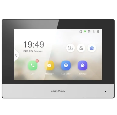 PANTALLA TACTIL HIKVISION PARA INTERCOMUNICADORES IP, TAMAÑO 7", MICROFONO Y ALTAVOZ INCORPORADO, PUERTO ETHERNET RJ-45,8 ENTRAS ALARMA, 12v, CONEXION A HIK-CONNECT 12MG