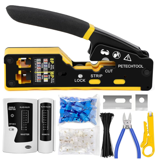 CRIMPING PETECHTOOL RJ45 PASS Y RJ45 NORMAL CAT5E,CAT6, TODO EN UNO CORTADORA,PELADORA DE CABLE
