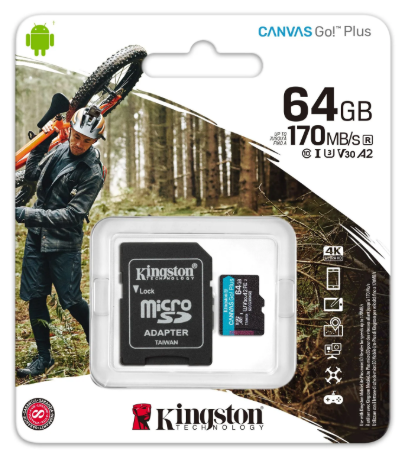MEMORIA KINGSTON 64GB MICRO SD Plus CANVAS GO! CAT 10 4K UHS-I,U3,V30 170MB/s incluye adaptador SD