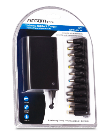 CARGADOR UNIVERSAL PARA LAPTOP ARGOM 90W/12 PUNTAS/1 USB
