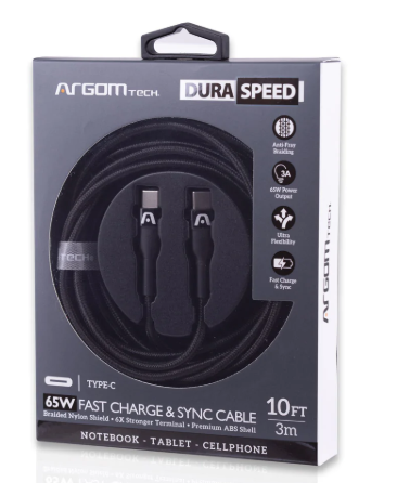 [ARG-CB-0048BK] CABLE USB CARGA RÁPIDA ARGOM TIPO C - A TIPO-C/10 PIES/3MTS NEGRO/65W
