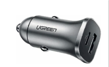 [A66757] CARGADOR UGREEN PARA AUTO 1USB+1USB-C (GRIS) 18W